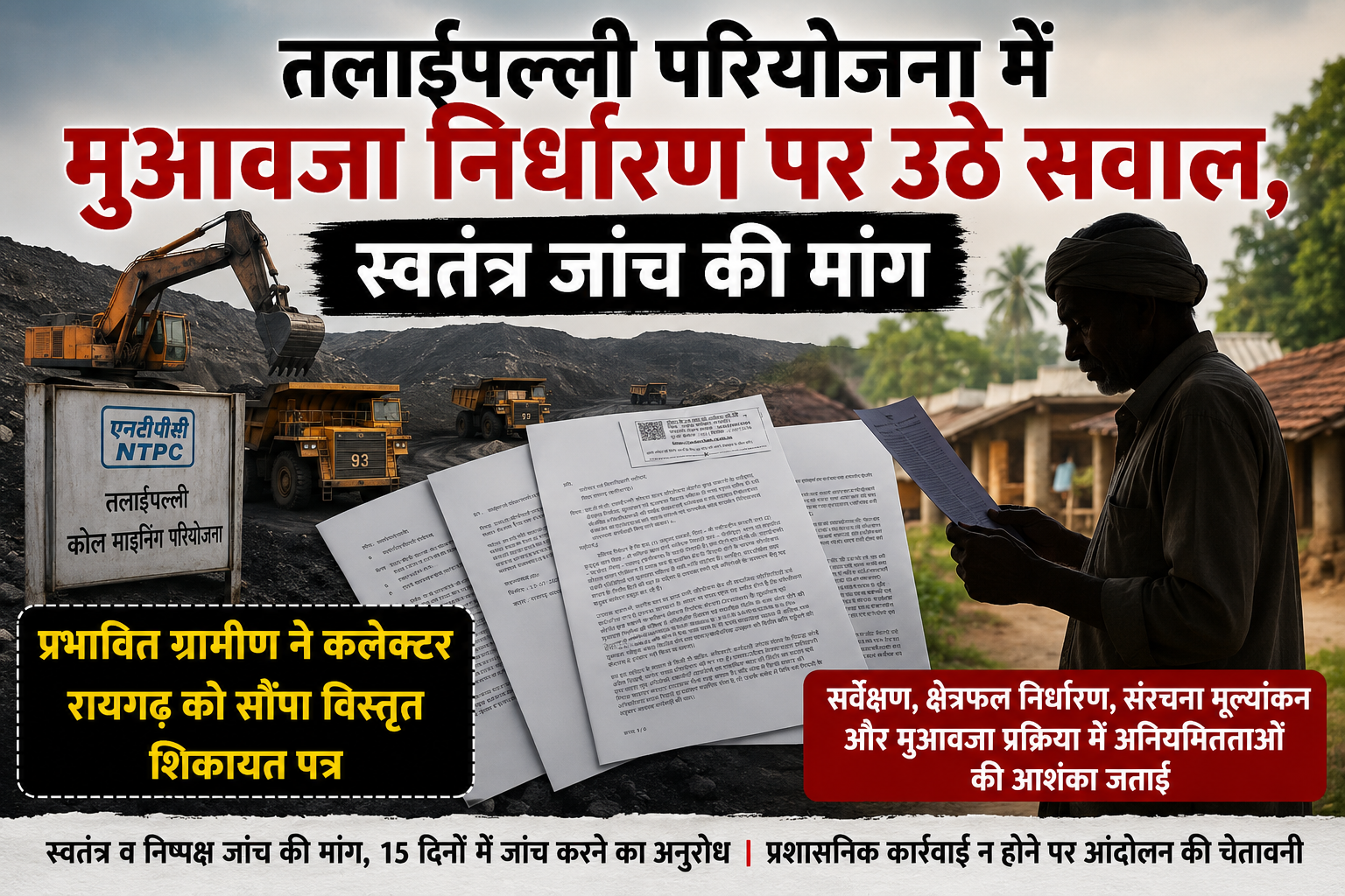 तलाईपल्ली परियोजना में मुआवजा निर्धारण पर उठे सवाल, स्वतंत्र जांच की मांग